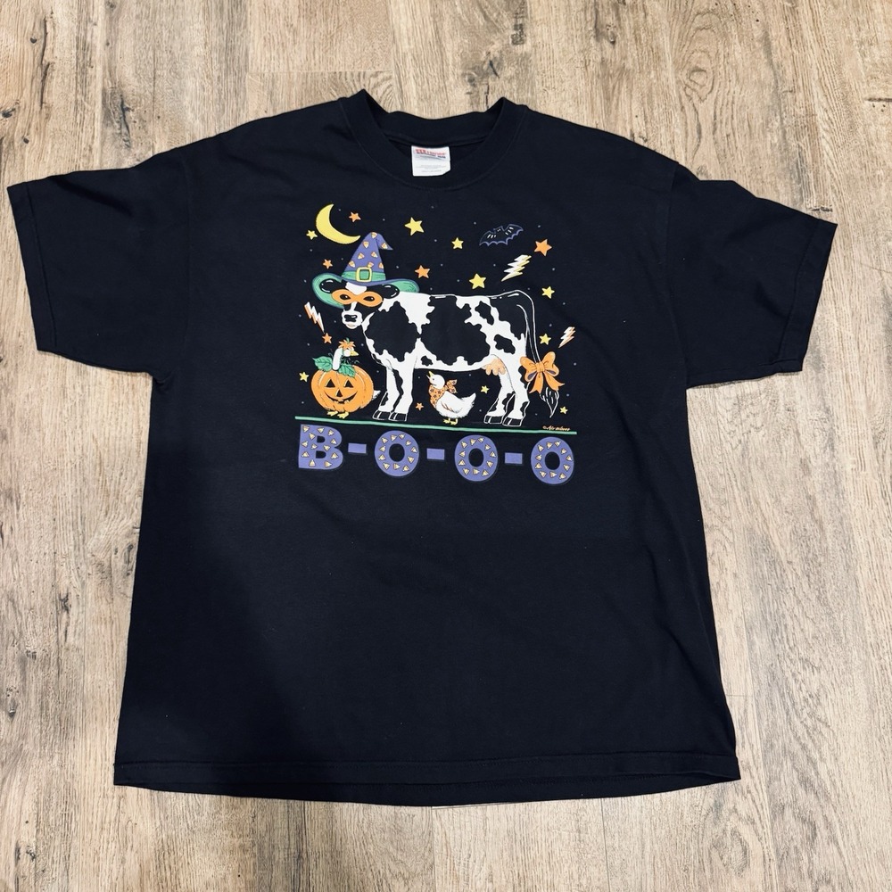 Vintage Halloween Shirt Mens L Black Short Sleeve Holstein Cow Animal BOOO